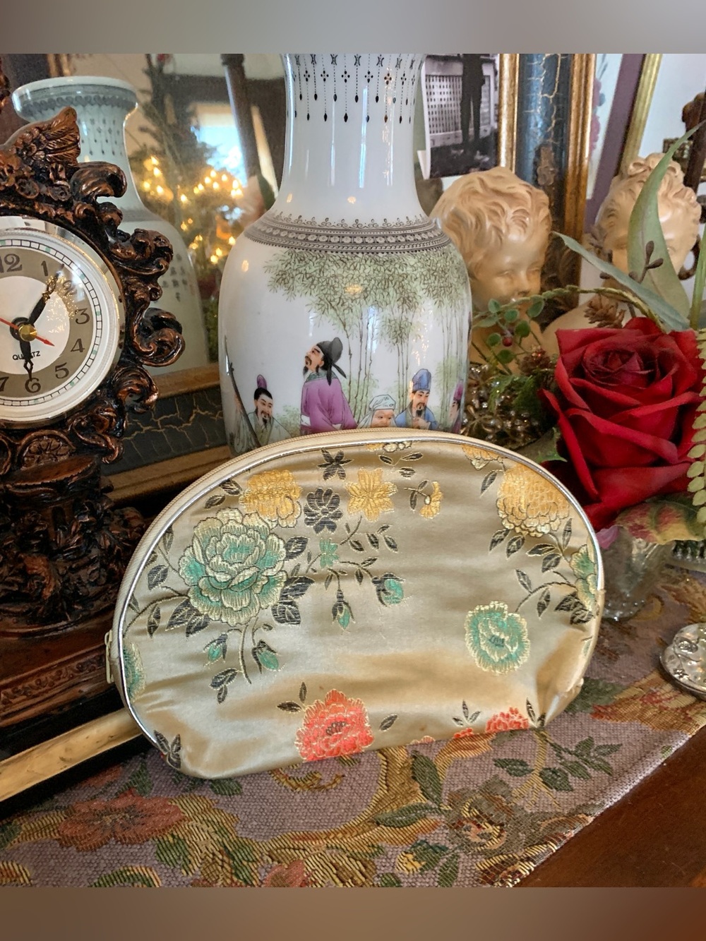 Vintage Victorian-inspo Boho Satin Asian-inspired Floral Clutch Make-up Bag.